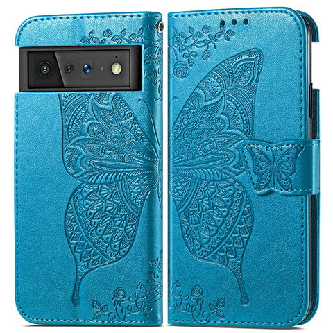 Custodia Portafoglio In Pelle Farfalla Cover con Supporto per Google Pixel 6 5G Blu