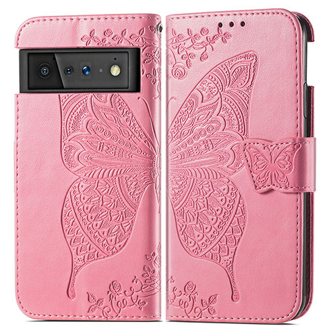 Custodia Portafoglio In Pelle Farfalla Cover con Supporto per Google Pixel 6 5G Rosa Caldo