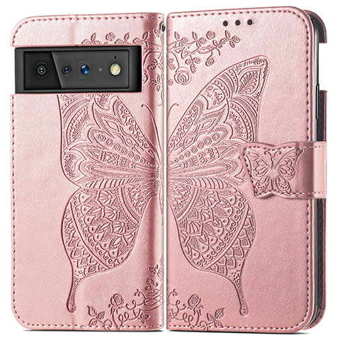 Custodia Portafoglio In Pelle Farfalla Cover con Supporto per Google Pixel 6 Pro 5G Oro Rosa