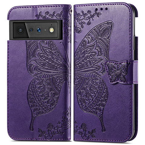 Custodia Portafoglio In Pelle Farfalla Cover con Supporto per Google Pixel 6 Pro 5G Viola