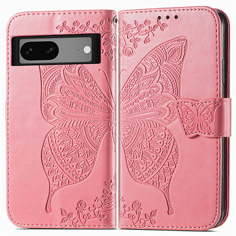 Custodia Portafoglio In Pelle Farfalla Cover con Supporto per Google Pixel 7 5G Rosa Caldo