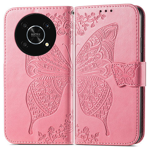 Custodia Portafoglio In Pelle Farfalla Cover con Supporto per Huawei Enjoy 50 Pro Rosa Caldo