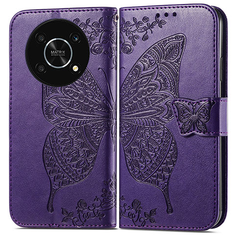 Custodia Portafoglio In Pelle Farfalla Cover con Supporto per Huawei Enjoy 50 Pro Viola