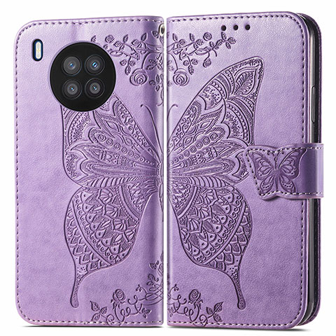 Custodia Portafoglio In Pelle Farfalla Cover con Supporto per Huawei Honor 50 Lite Lavanda