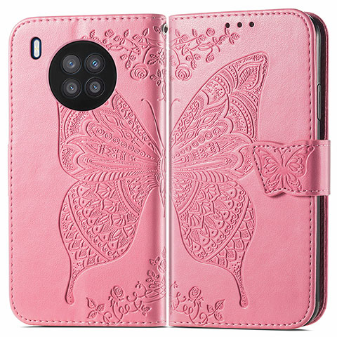 Custodia Portafoglio In Pelle Farfalla Cover con Supporto per Huawei Honor 50 Lite Rosa Caldo