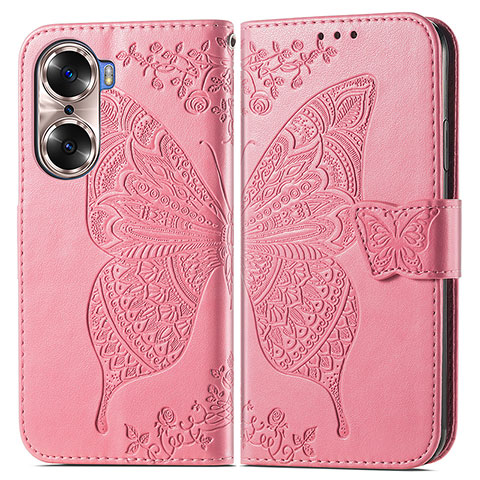 Custodia Portafoglio In Pelle Farfalla Cover con Supporto per Huawei Honor 60 5G Rosa Caldo