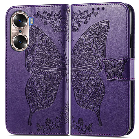 Custodia Portafoglio In Pelle Farfalla Cover con Supporto per Huawei Honor 60 5G Viola