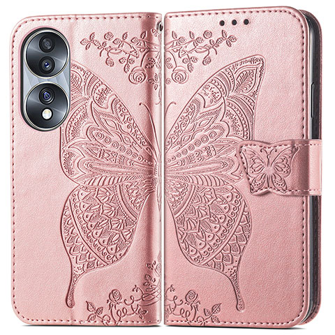 Custodia Portafoglio In Pelle Farfalla Cover con Supporto per Huawei Honor 70 5G Oro Rosa