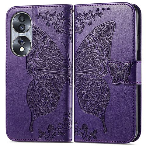 Custodia Portafoglio In Pelle Farfalla Cover con Supporto per Huawei Honor 70 5G Viola