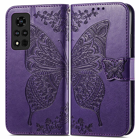 Custodia Portafoglio In Pelle Farfalla Cover con Supporto per Huawei Honor V40 5G Viola