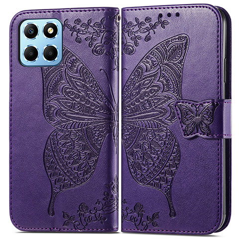 Custodia Portafoglio In Pelle Farfalla Cover con Supporto per Huawei Honor X6 5G Viola