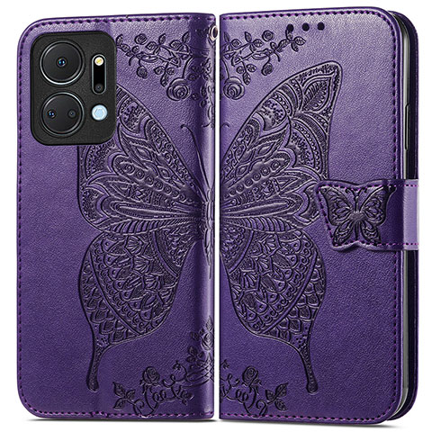 Custodia Portafoglio In Pelle Farfalla Cover con Supporto per Huawei Honor X7a Viola