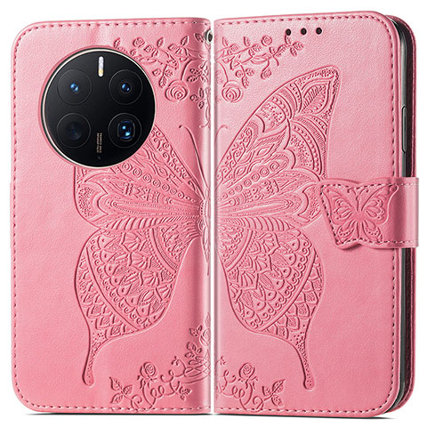 Custodia Portafoglio In Pelle Farfalla Cover con Supporto per Huawei Mate 50 Pro Rosa Caldo