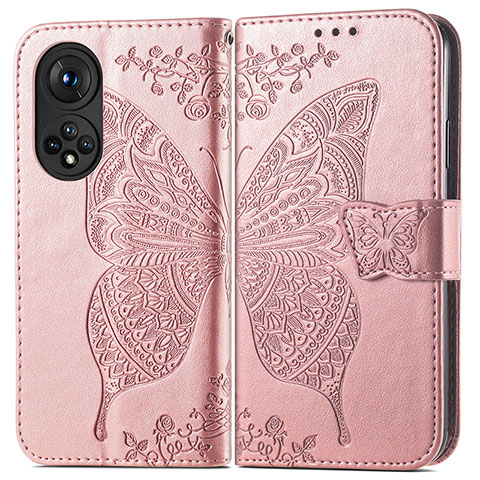 Custodia Portafoglio In Pelle Farfalla Cover con Supporto per Huawei Nova 9 Oro Rosa