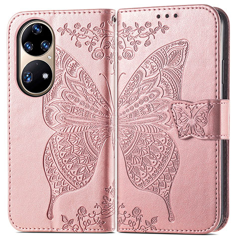 Custodia Portafoglio In Pelle Farfalla Cover con Supporto per Huawei P50 Rosa