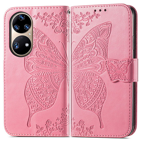 Custodia Portafoglio In Pelle Farfalla Cover con Supporto per Huawei P50 Rosa Caldo