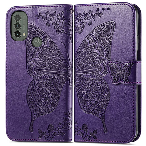 Custodia Portafoglio In Pelle Farfalla Cover con Supporto per Motorola Moto E30 Viola