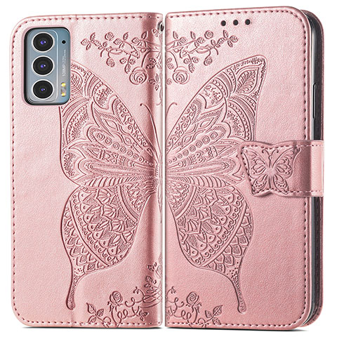 Custodia Portafoglio In Pelle Farfalla Cover con Supporto per Motorola Moto Edge 20 5G Rosa