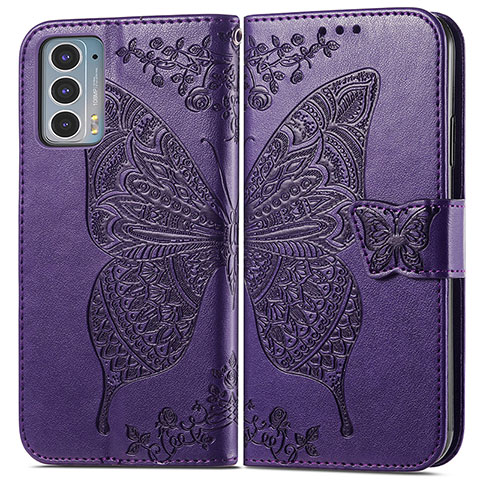 Custodia Portafoglio In Pelle Farfalla Cover con Supporto per Motorola Moto Edge 20 5G Viola