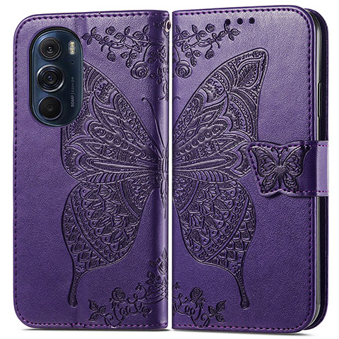 Custodia Portafoglio In Pelle Farfalla Cover con Supporto per Motorola Moto Edge 30 Pro 5G Viola