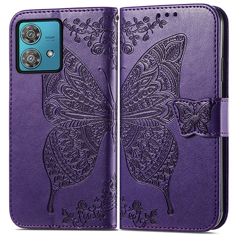 Custodia Portafoglio In Pelle Farfalla Cover con Supporto per Motorola Moto Edge 40 Neo 5G Viola