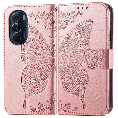 Custodia Portafoglio In Pelle Farfalla Cover con Supporto per Motorola Moto Edge Plus (2022) 5G Rosa