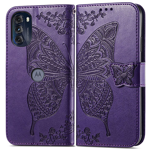 Custodia Portafoglio In Pelle Farfalla Cover con Supporto per Motorola Moto G 5G (2022) Viola