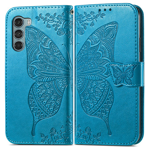 Custodia Portafoglio In Pelle Farfalla Cover con Supporto per Motorola Moto G200 5G Blu