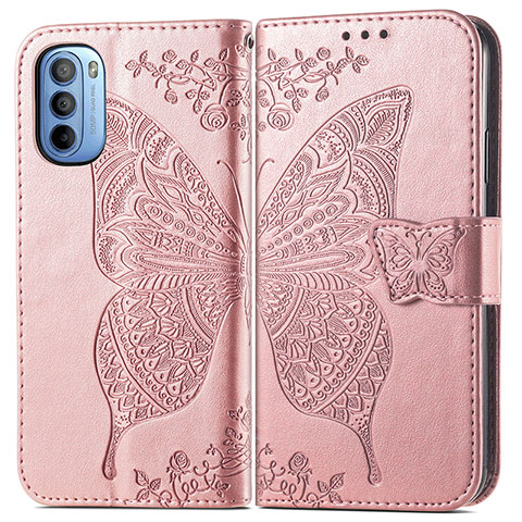 Custodia Portafoglio In Pelle Farfalla Cover con Supporto per Motorola Moto G31 Rosa