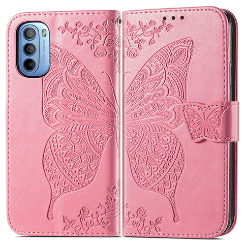 Custodia Portafoglio In Pelle Farfalla Cover con Supporto per Motorola Moto G31 Rosa Caldo