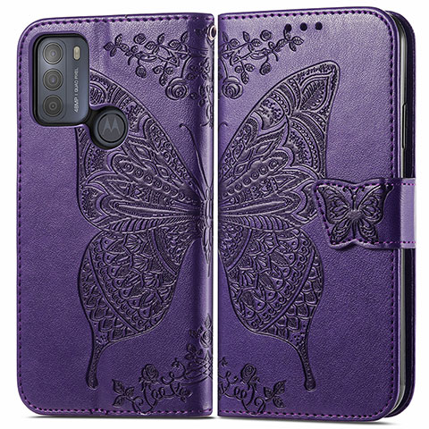 Custodia Portafoglio In Pelle Farfalla Cover con Supporto per Motorola Moto G50 Viola