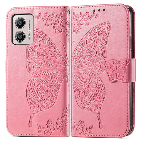 Custodia Portafoglio In Pelle Farfalla Cover con Supporto per Motorola Moto G53 5G Rosa Caldo