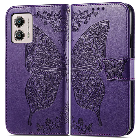 Custodia Portafoglio In Pelle Farfalla Cover con Supporto per Motorola Moto G53y 5G Viola