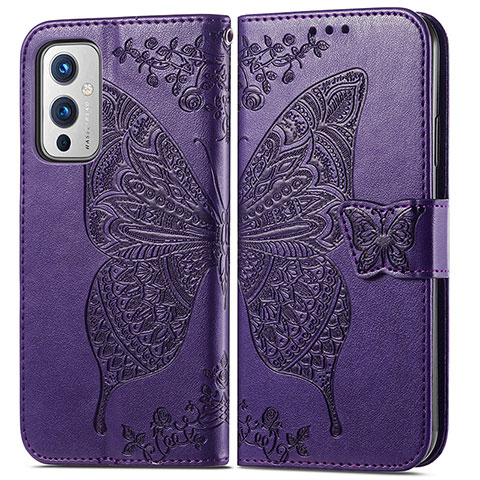 Custodia Portafoglio In Pelle Farfalla Cover con Supporto per OnePlus 9 5G Viola