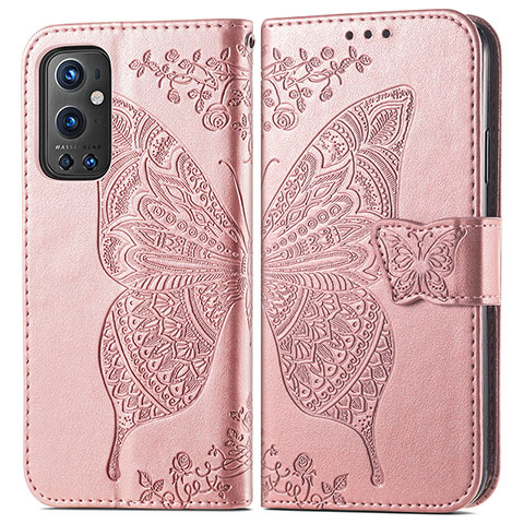 Custodia Portafoglio In Pelle Farfalla Cover con Supporto per OnePlus 9 Pro 5G Oro Rosa