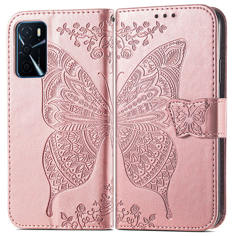 Custodia Portafoglio In Pelle Farfalla Cover con Supporto per Oppo A16 Rosa