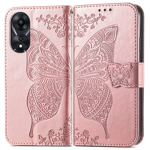 Custodia Portafoglio In Pelle Farfalla Cover con Supporto per Oppo A18 Oro Rosa