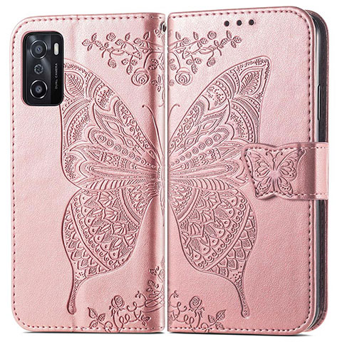 Custodia Portafoglio In Pelle Farfalla Cover con Supporto per Oppo A55S 5G Rosa