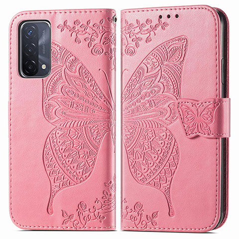 Custodia Portafoglio In Pelle Farfalla Cover con Supporto per Oppo A74 5G Rosa Caldo