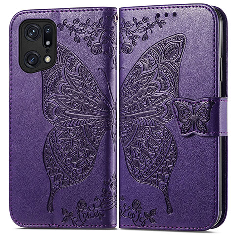 Custodia Portafoglio In Pelle Farfalla Cover con Supporto per Oppo Find X5 5G Viola