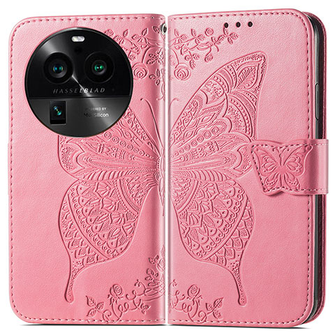 Custodia Portafoglio In Pelle Farfalla Cover con Supporto per Oppo Find X6 Pro 5G Rosa Caldo