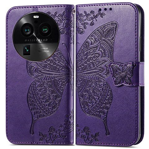 Custodia Portafoglio In Pelle Farfalla Cover con Supporto per Oppo Find X6 Pro 5G Viola