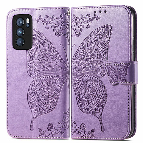 Custodia Portafoglio In Pelle Farfalla Cover con Supporto per Oppo Reno6 Pro 5G India Lavanda