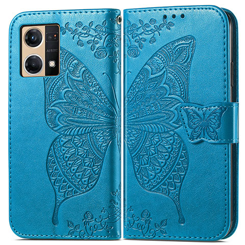 Custodia Portafoglio In Pelle Farfalla Cover con Supporto per Oppo Reno7 4G Blu