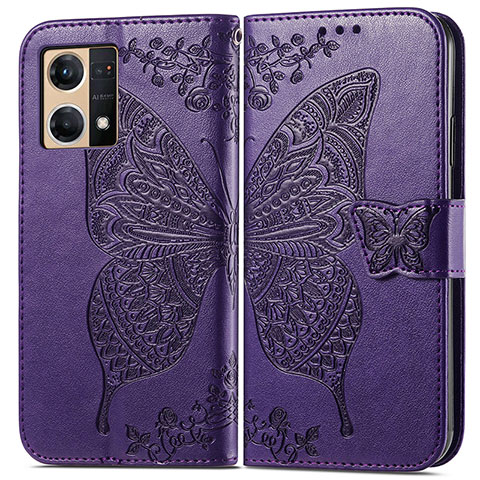 Custodia Portafoglio In Pelle Farfalla Cover con Supporto per Oppo Reno7 4G Viola