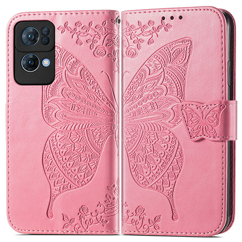 Custodia Portafoglio In Pelle Farfalla Cover con Supporto per Oppo Reno7 Pro 5G Rosa Caldo