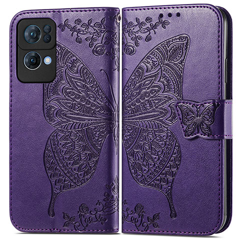 Custodia Portafoglio In Pelle Farfalla Cover con Supporto per Oppo Reno7 Pro 5G Viola