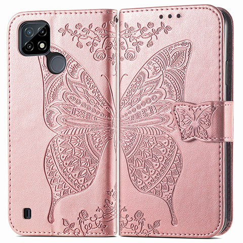 Custodia Portafoglio In Pelle Farfalla Cover con Supporto per Realme C25Y India Oro Rosa