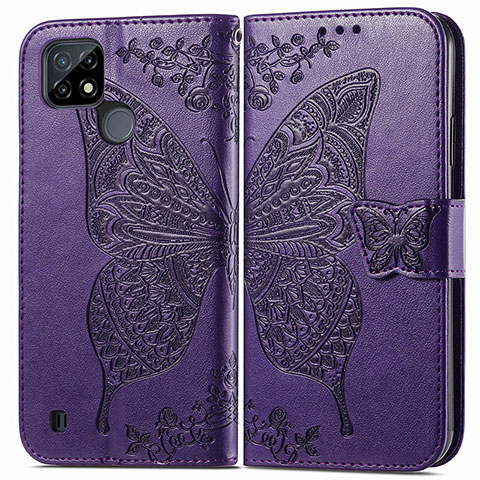 Custodia Portafoglio In Pelle Farfalla Cover con Supporto per Realme C25Y India Viola