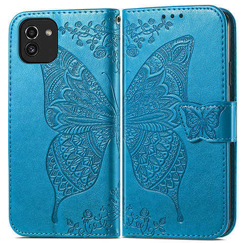 Custodia Portafoglio In Pelle Farfalla Cover con Supporto per Samsung Galaxy A03 Blu